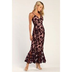 Lulus Alluring Dream Dark Purple Floral Mesh Lace Trumpet Midi Dress - S…